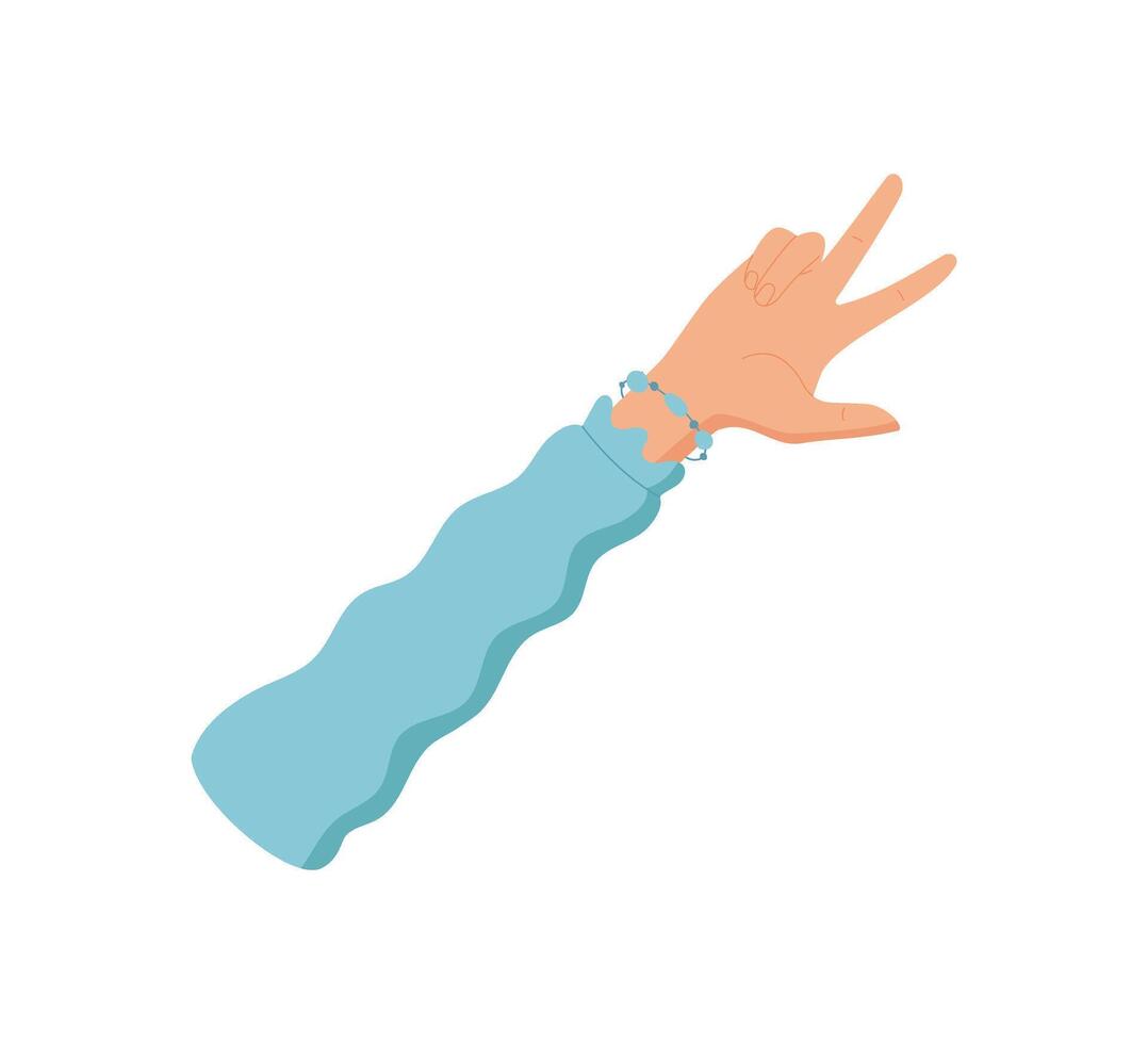 Flat cartoon hand gesture with three fingers showing up. Human hand with sleeve signals number three. Simple visual element for count, math, or signal purposes. vector