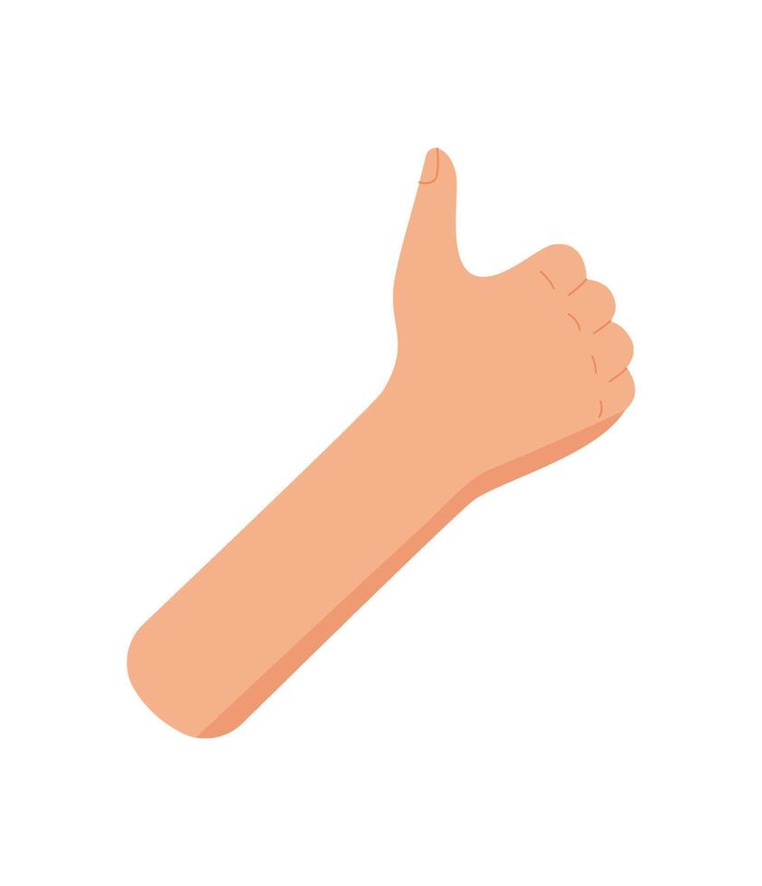 Flat cartoon hand gesture with one finger raised. Bare human hand showing the number one with thumb and fingers positioned upright. Isolated arm for math, announcement, and counting concepts. vector
