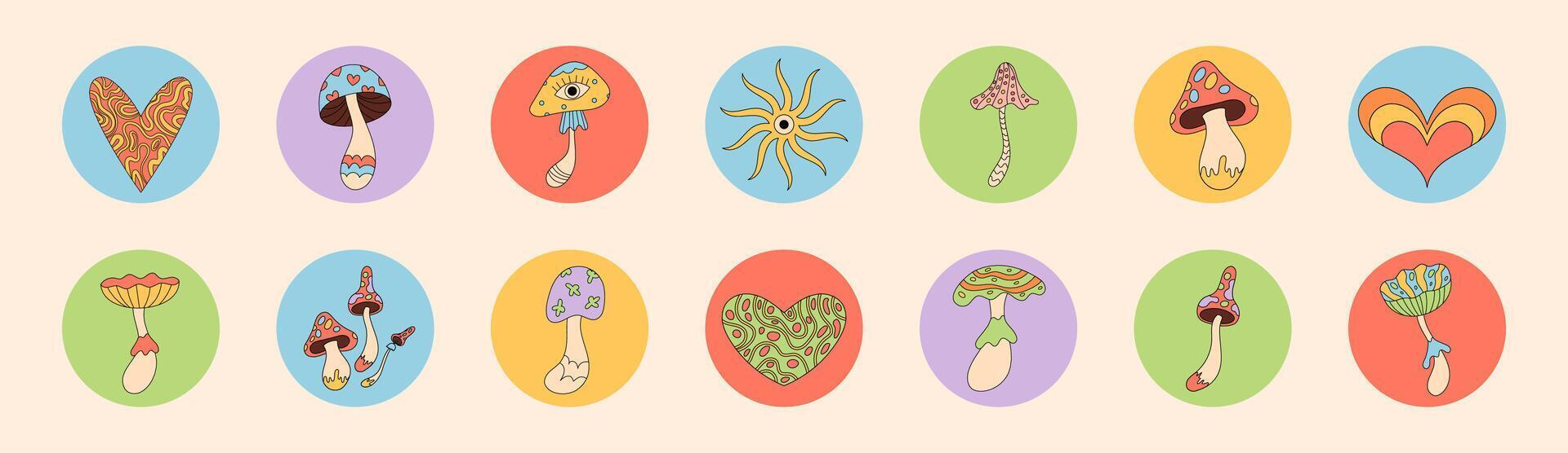 Colorful groovy cartoon mushroom sticker set in round shape. Retro y2k pattern with psychedelic circle illustration. Fun package label for lid, playful set for package or product use. vector