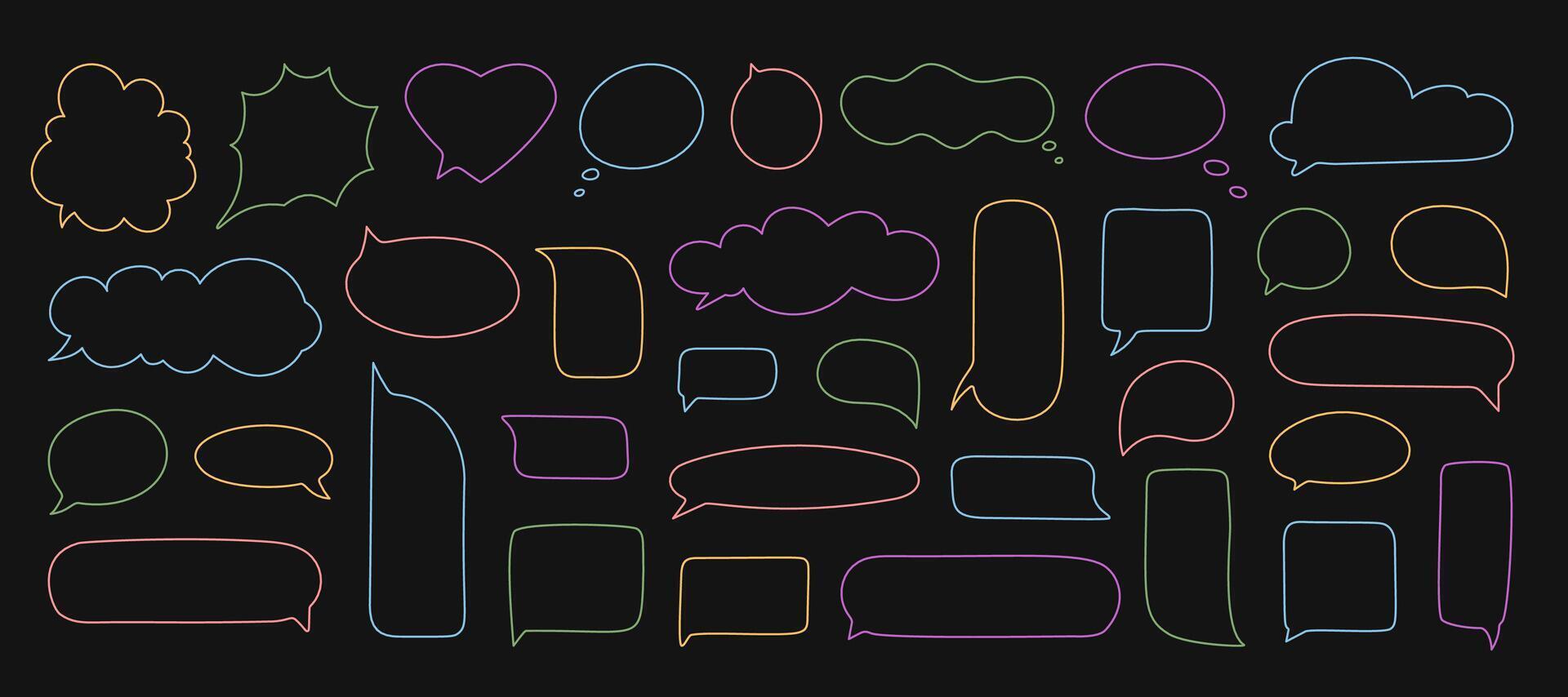 Hand drawn organic speech bubble set outline in colorful style. Round cloud box and balloon quote shapes as chat and comment collection, perfect for conversation or abstract note template. vector