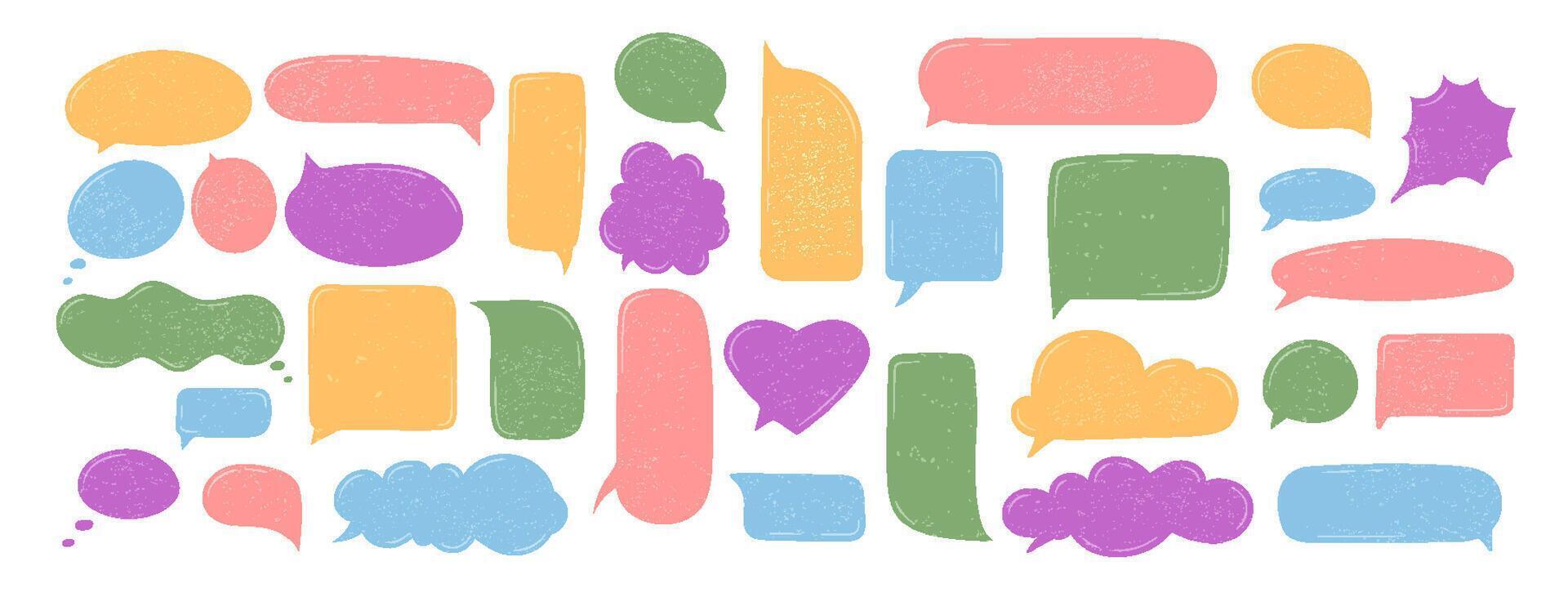 Hand drawn grunge speech bubble set with organic doodle cloud and round textbox. Pastel chat banner as quote and message elements for creative conversation or abstract template background. vector