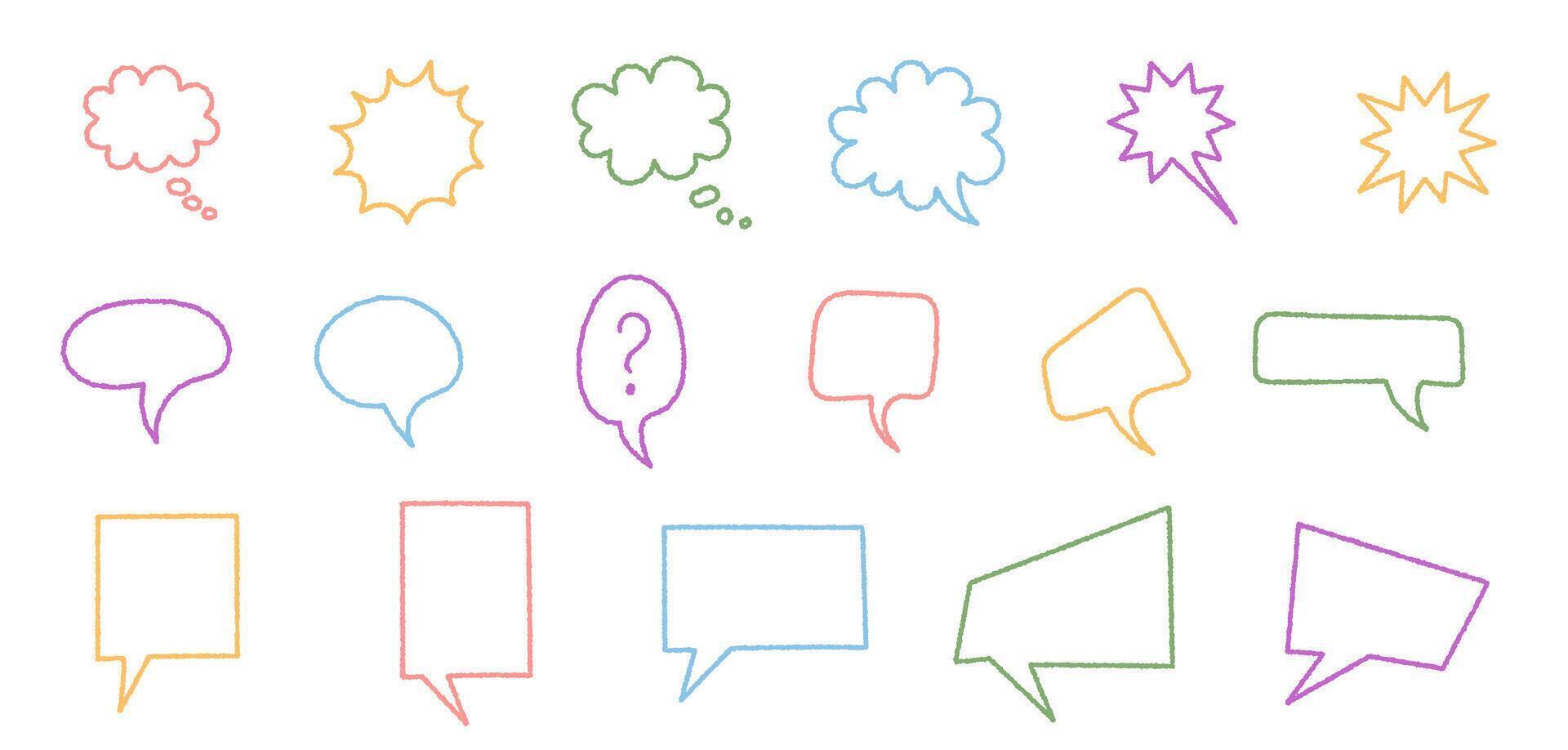 Crayon speech bubble set with round and rectangle contour. Chat and cloud shapes appear as message, quote, thought, talk designs. Colorful bundle for creative note or conversation, playful hand drawn vector