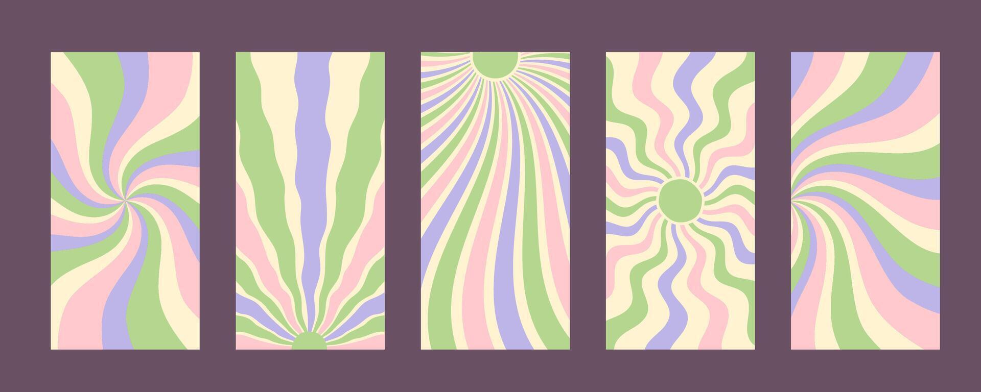 Groovy pastel abstract sun pattern set creates a retro background with burst, swirl and wavy shapes. Sunshine and y2k elements define this vertical concept artwork for stylish contemporary mood. vector