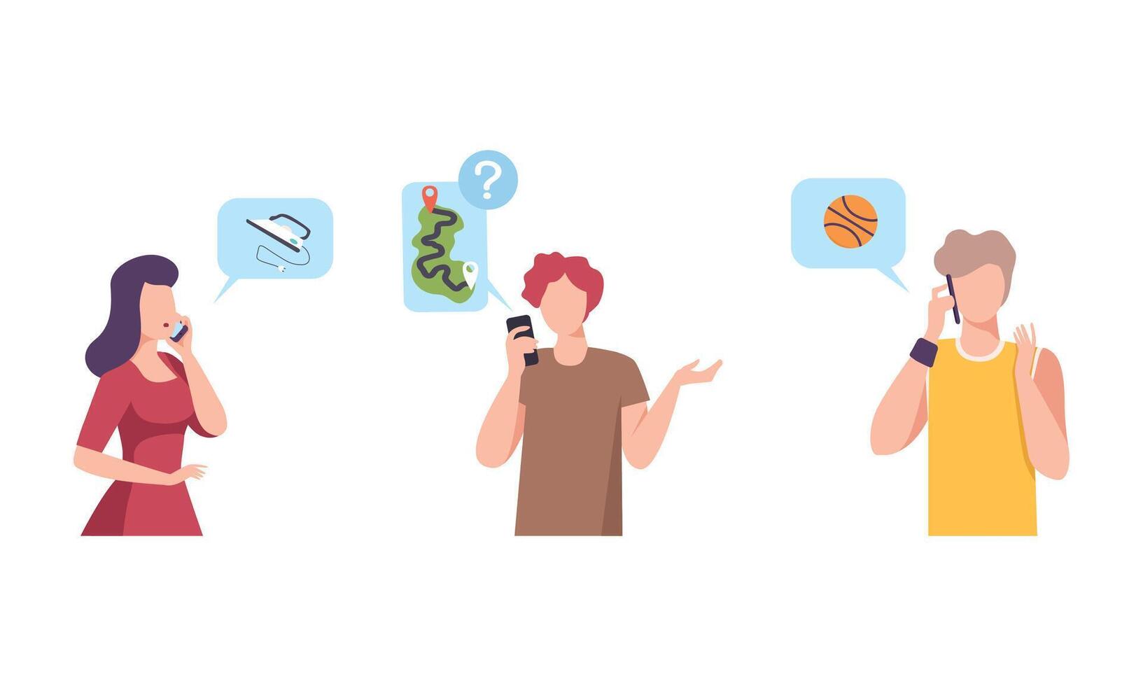 Man and Woman with Smartphone Calling and Using Navigation App Set vector