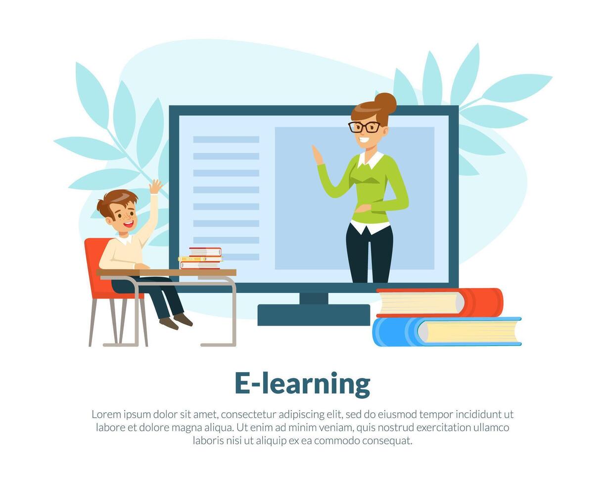 Back to School and E-learning with Computer Interface and Boy Sitting at Desk Template vector