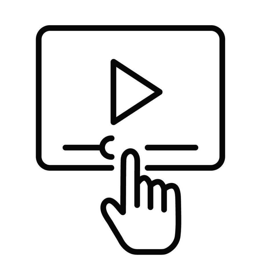 Simple line art icon of a hand cursor clicking on a player progress bar. Symbol for streaming and playback control. vector
