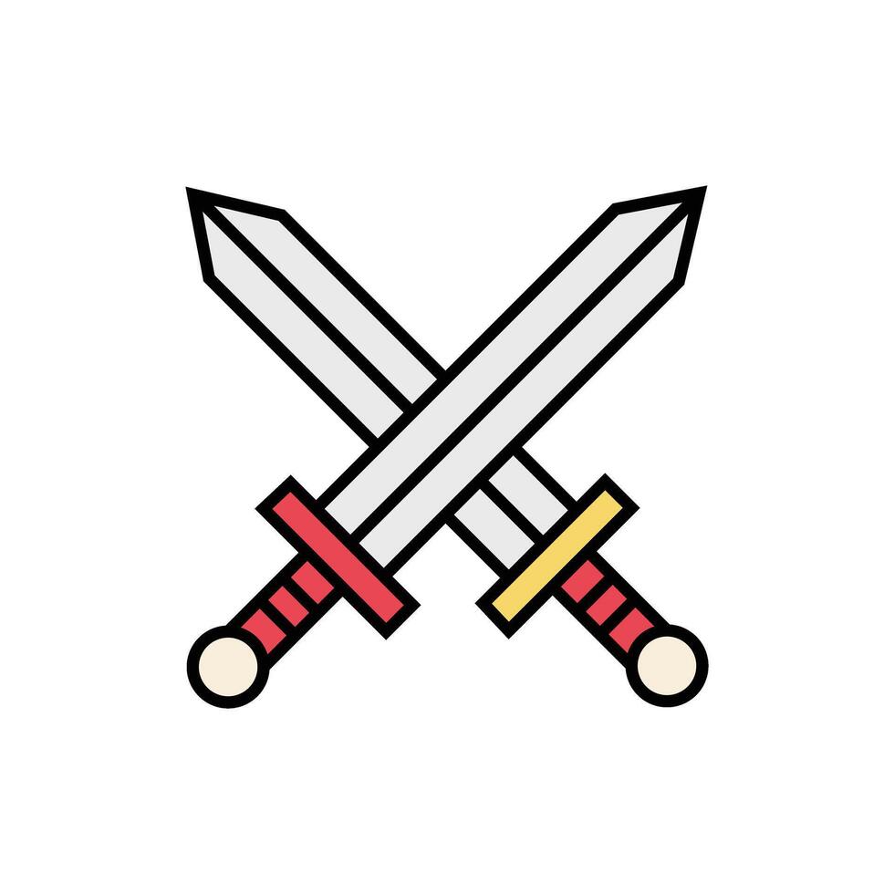 Two silver swords cross each other, displaying red and yellow handles over white background vector