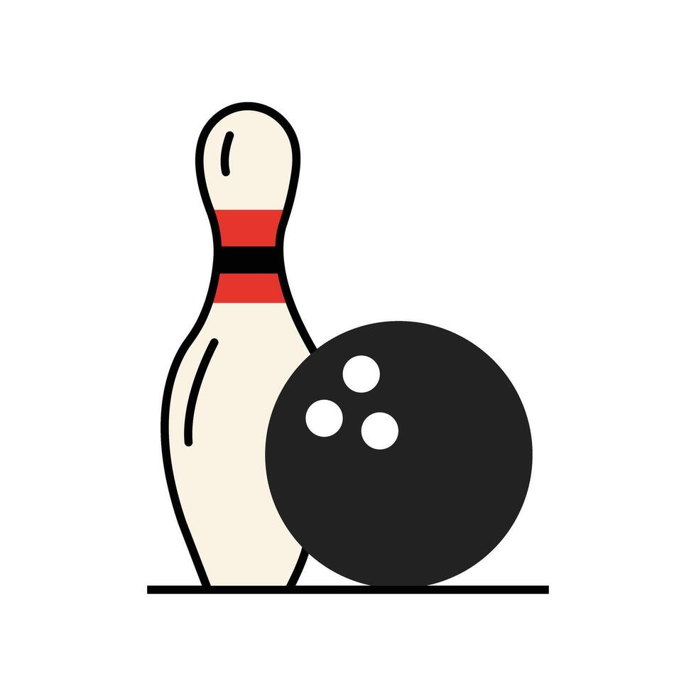 Bowling ball and pin are depicted with simple lines against the white background vector