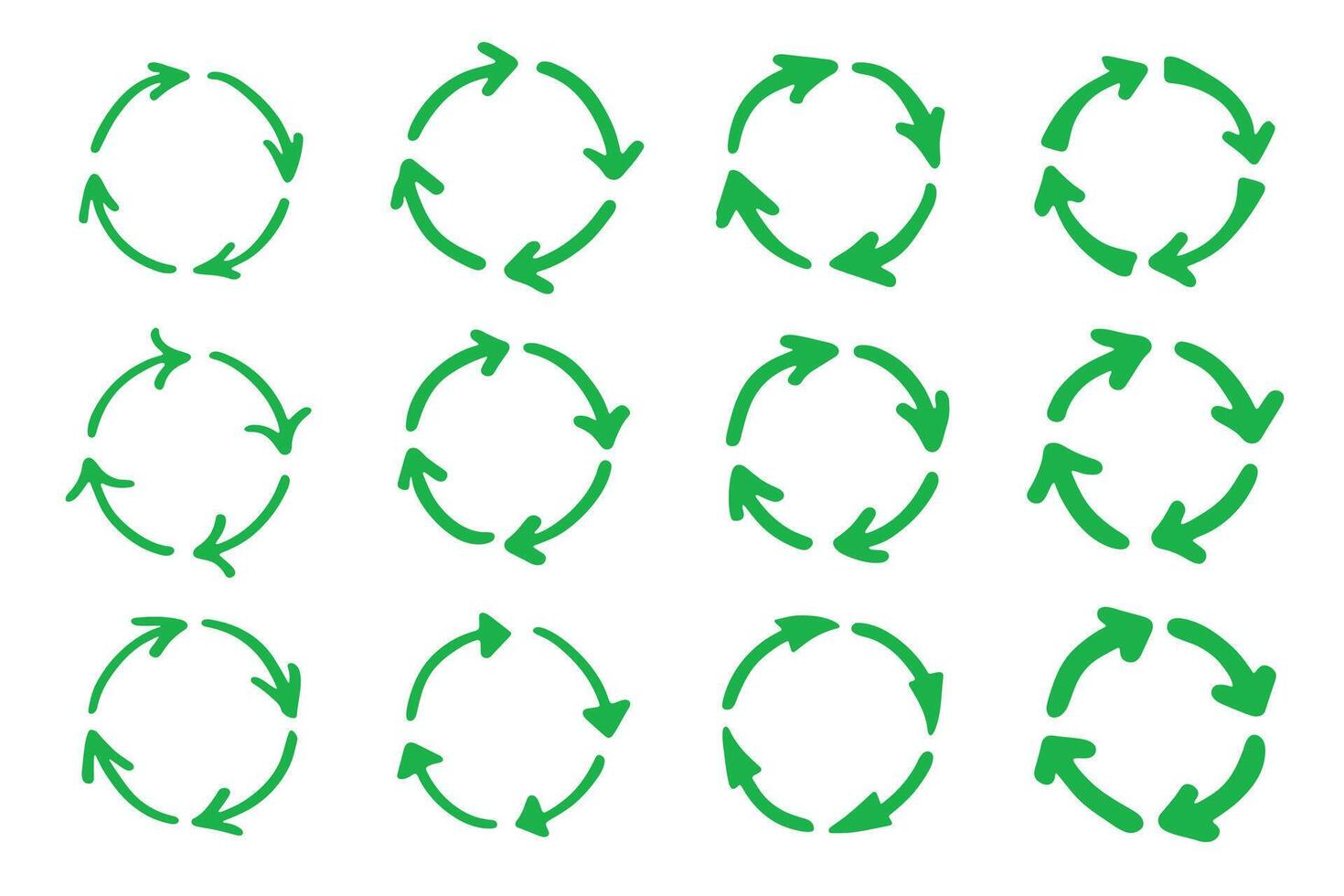 Set of hand drawn recycle arrow icon Recycling resources symbol Reuse of materials, zero waste, green environment, saving the planet natural motion vector