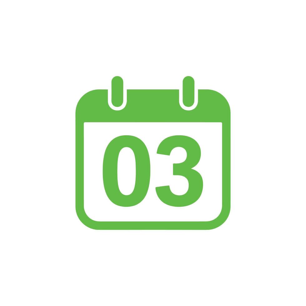 Calendar Icon with Number 03 in Green Color on Transparent Background vector