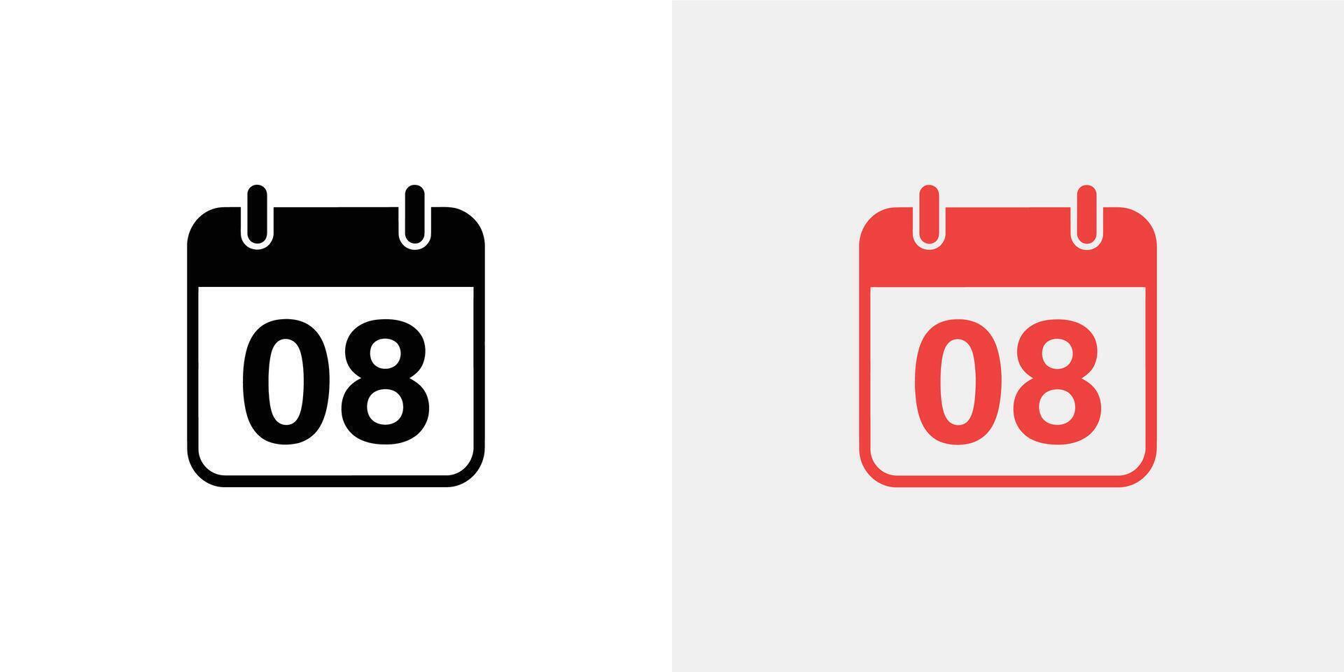 Calendar Icon With Number 08 In Black and Red Color Scheme vector