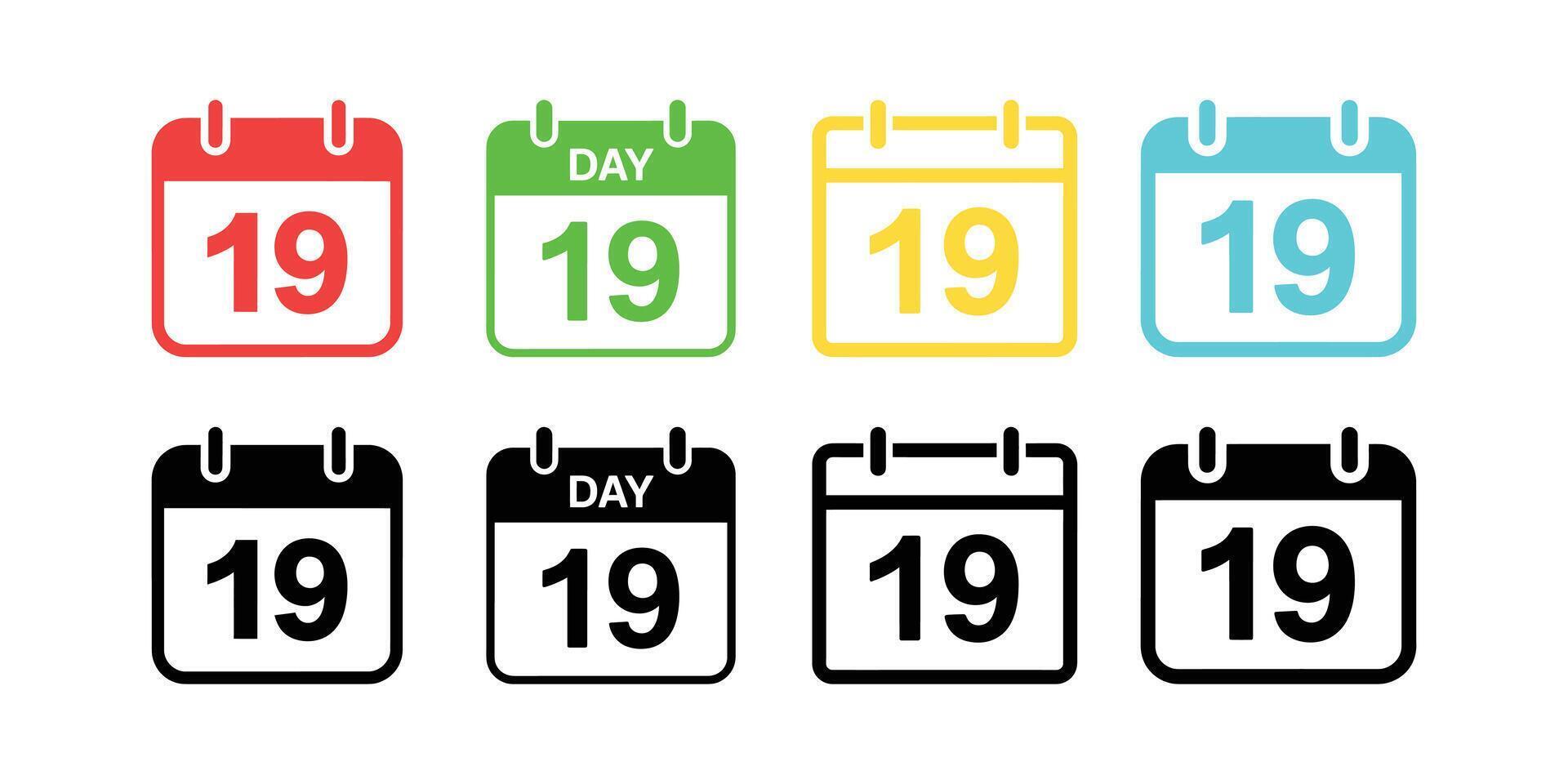 Eight Colorful Calendar Icons Displaying the Number Nineteen, Representing Dates, Events, and Scheduling vector