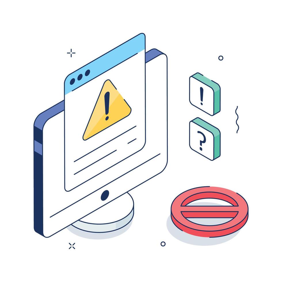 Isometric computer screen showing website alert and danger notification., vector