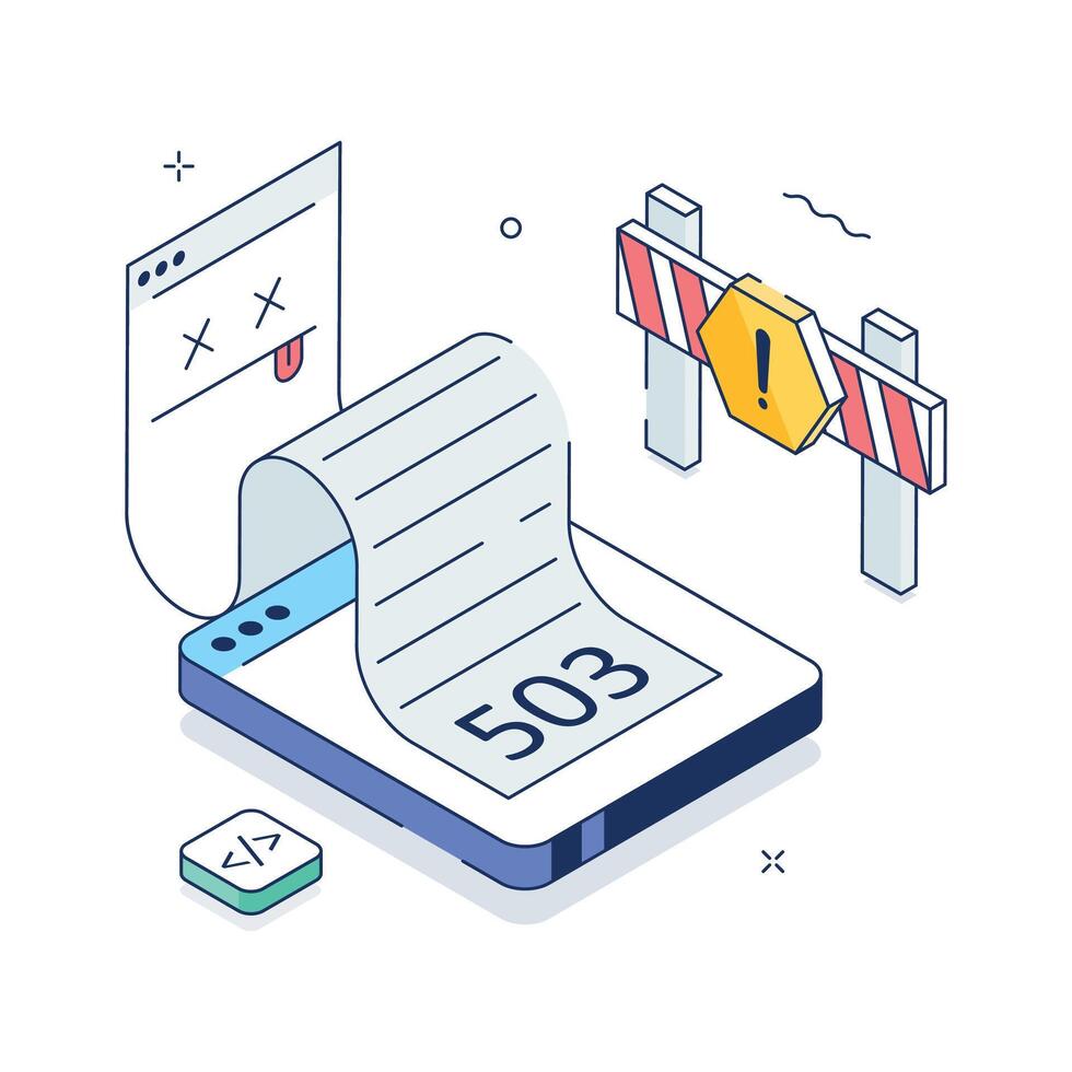 Isometric illustration of mobile page showing 503 service unavailable website error. vector