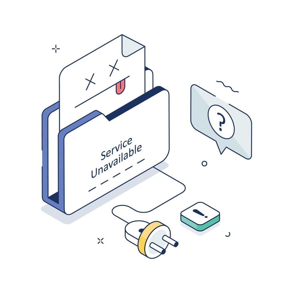 Isometric illustration of service unavailable error with unplugged cable and sad document vector