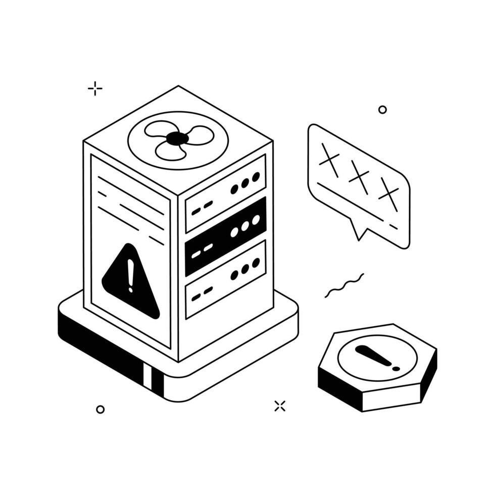 Isometric 3D server error illustration showing database malfunction or hardware warning.. vector