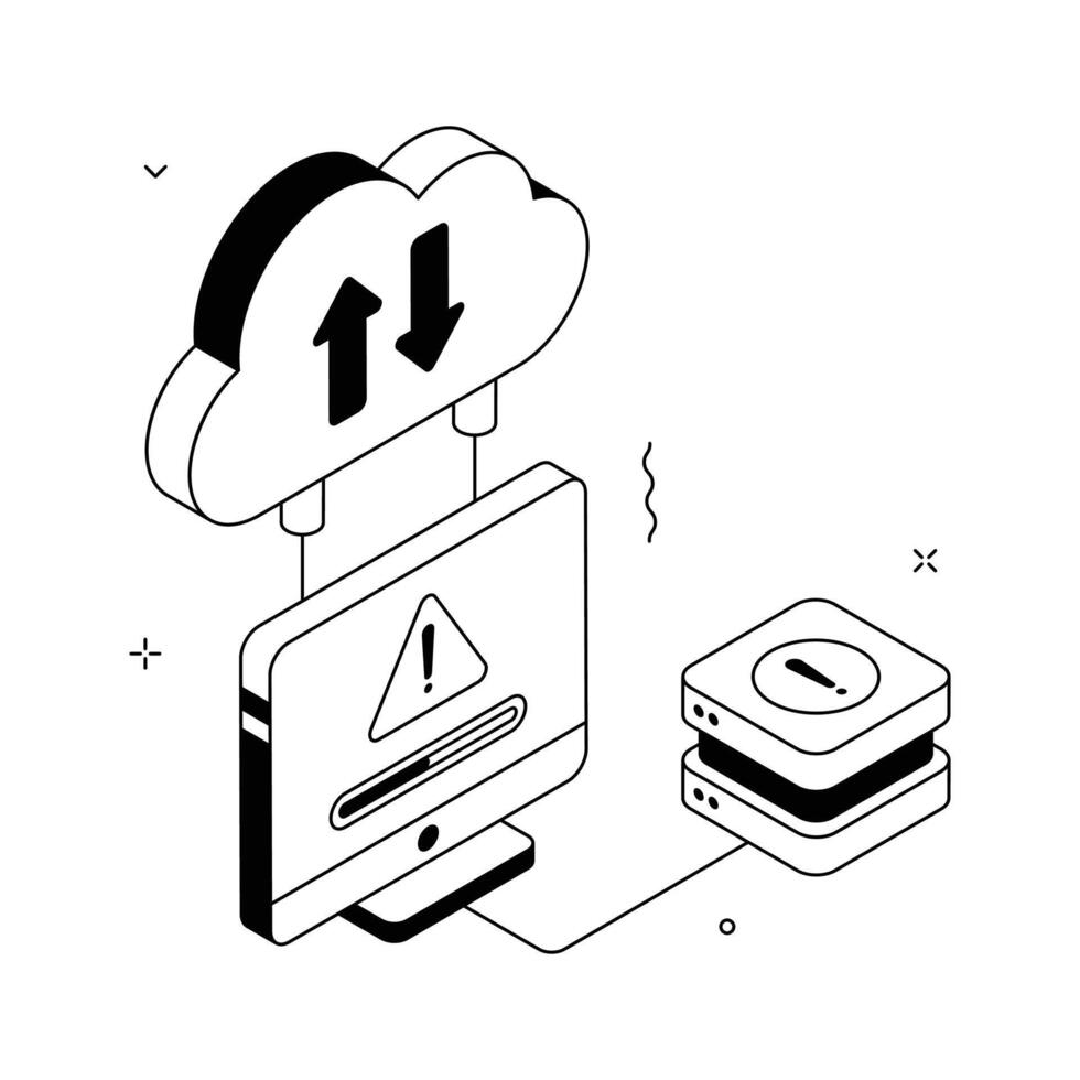 Isometric illustration showing cloud data connection error for web and app designs.. vector
