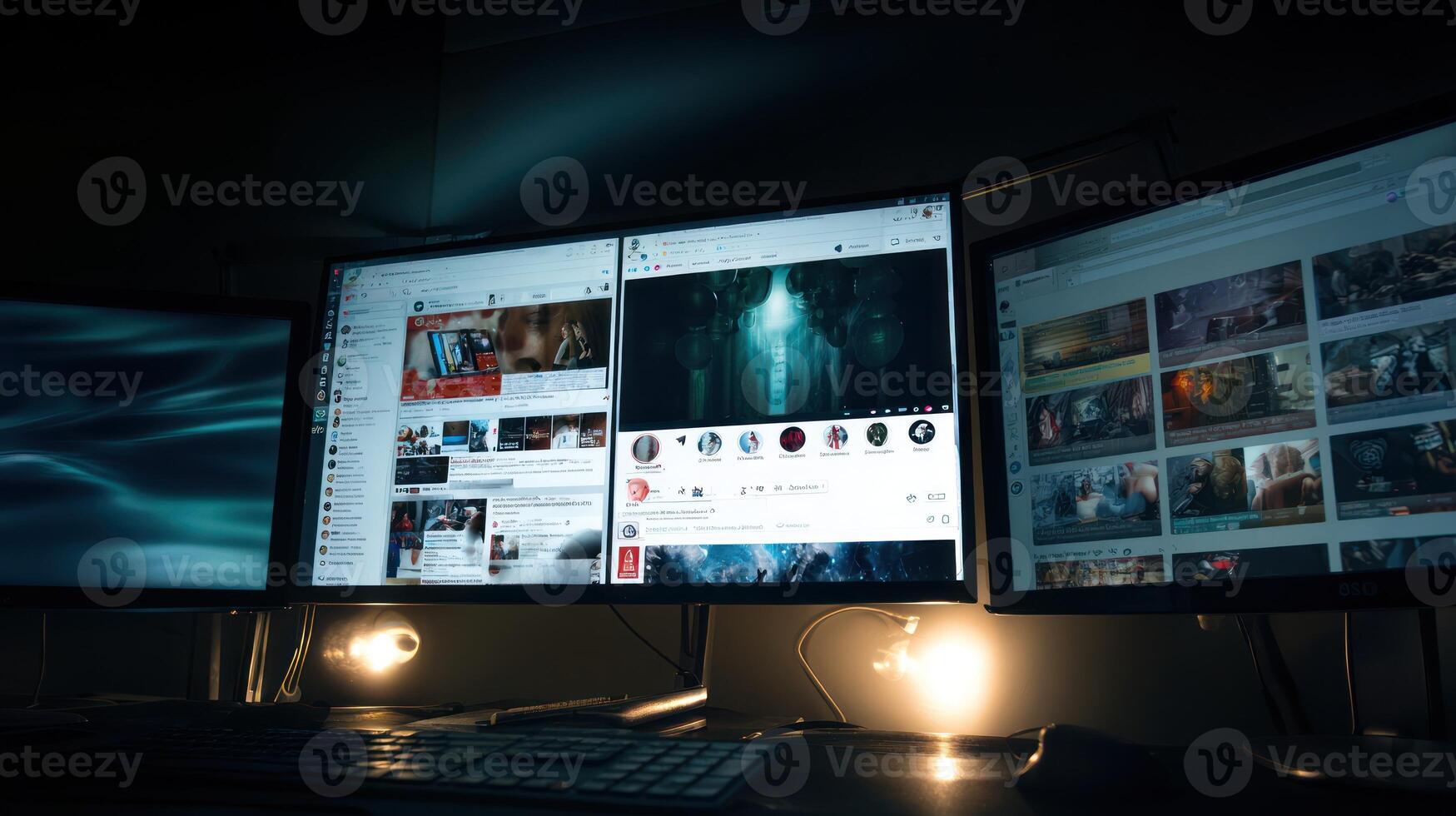 Multiple computer monitors displaying websites in a dark room environment photo