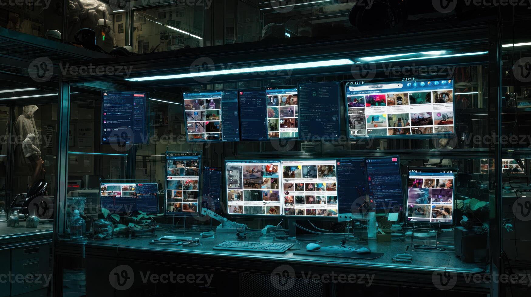 Multiple computer screens displaying data in a dark room environment photo