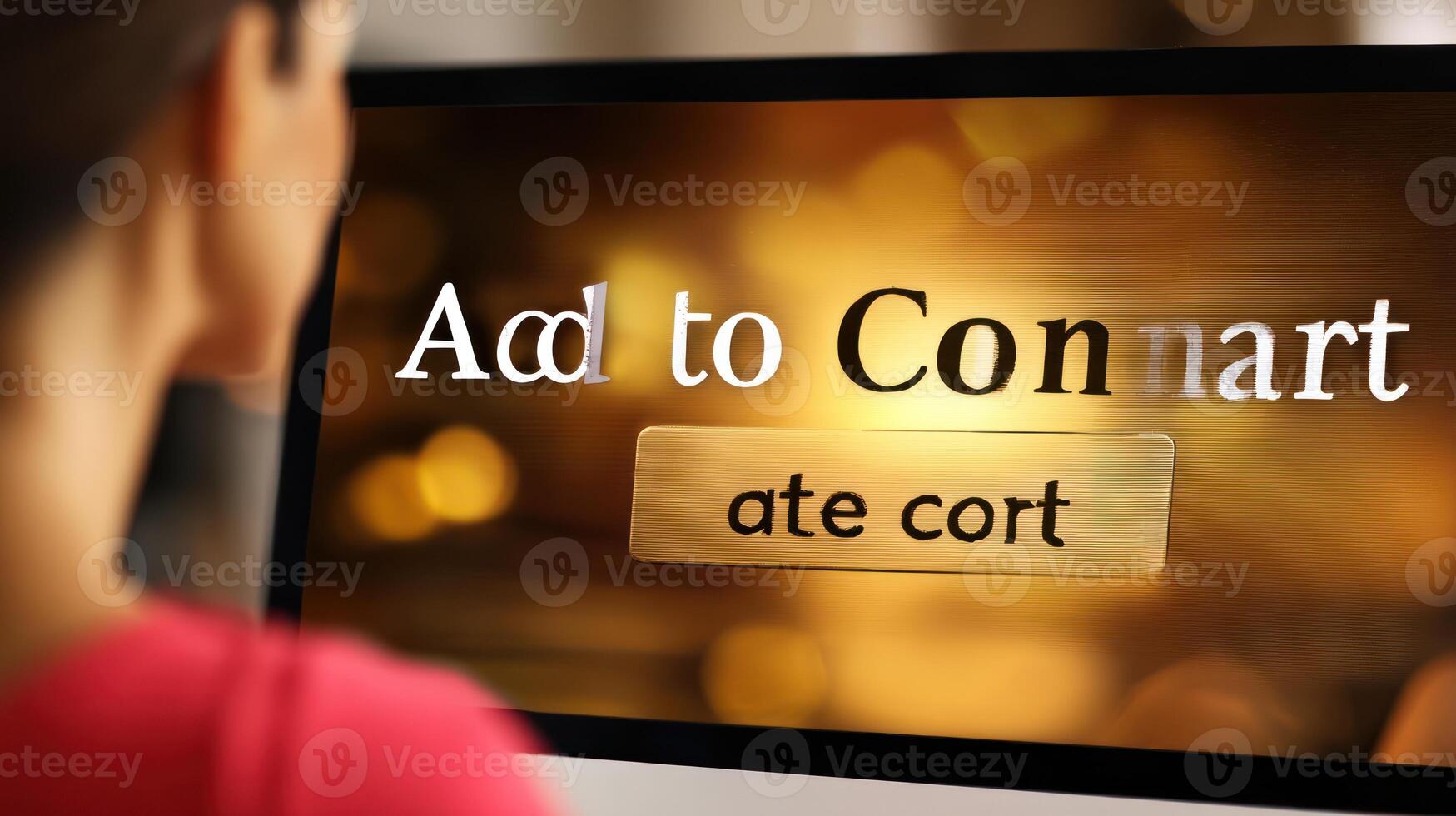 Woman looking at computer screen displaying text and button photo