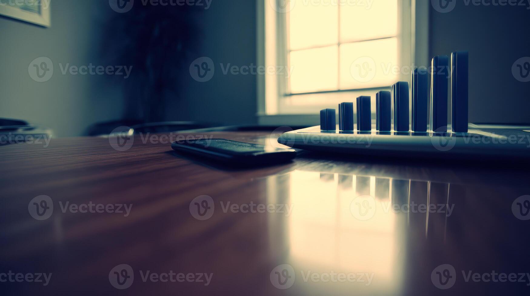 Abstract bar graph on tablet with smartphone on table near window photo