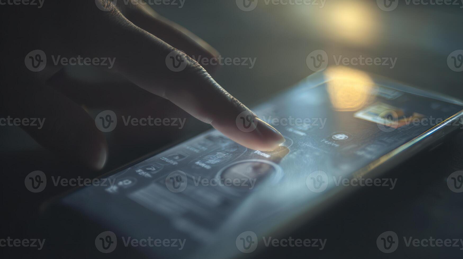 Close up of hand touching smartphone screen with abstract interface photo