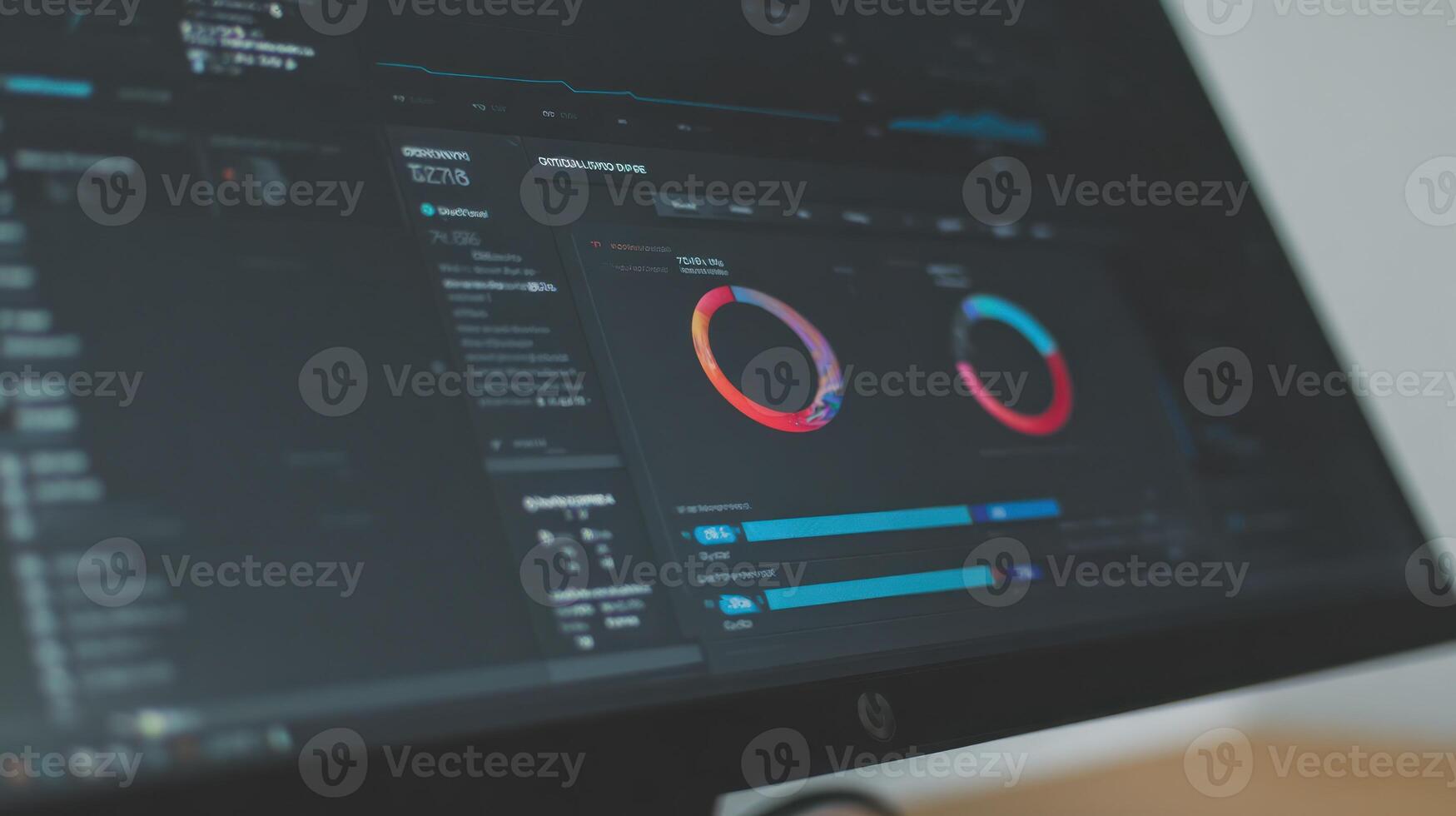 Data visualization on computer screen displaying charts and diagrams photo