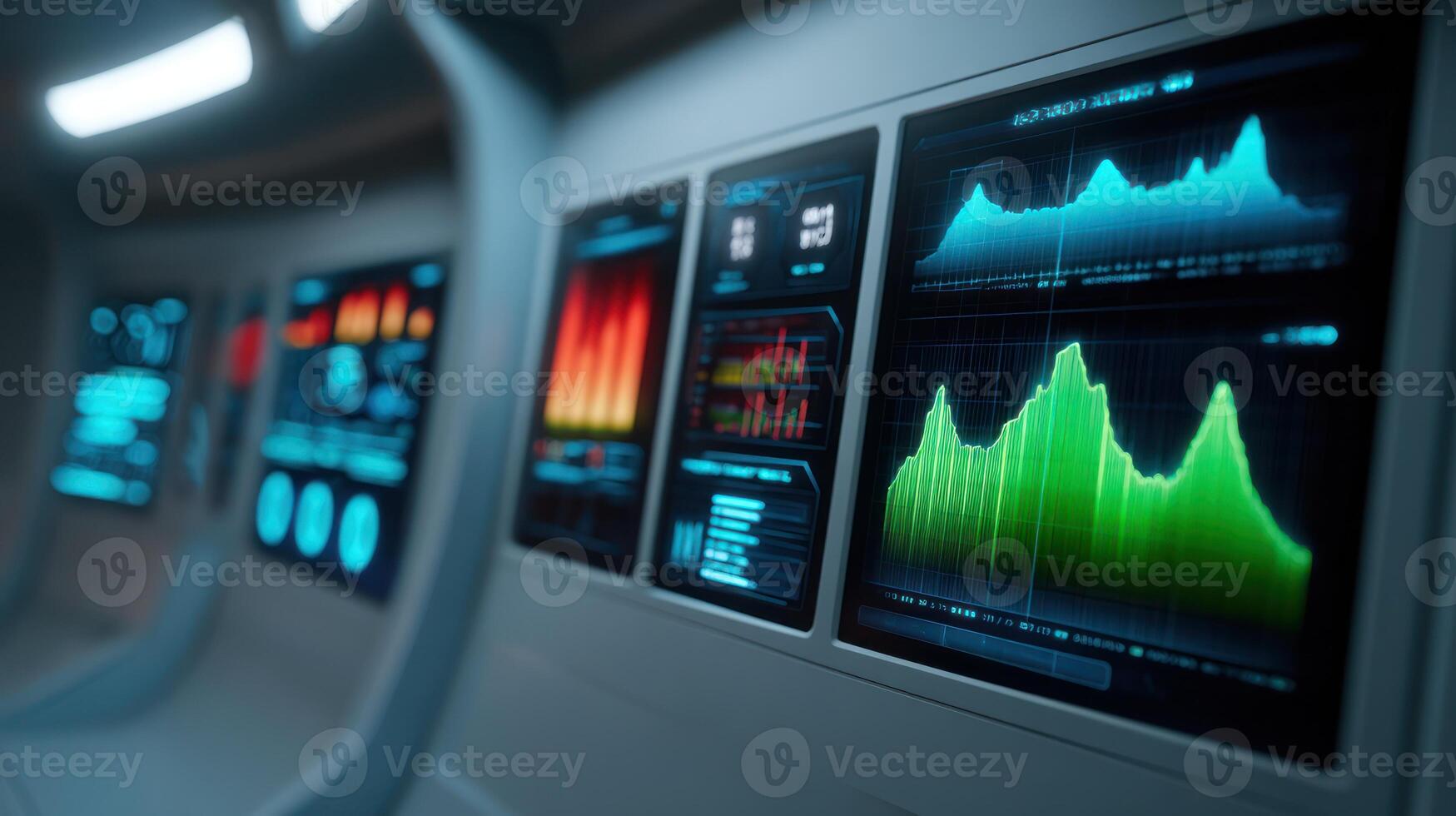 Futuristic control panel displaying data charts and graphs photo