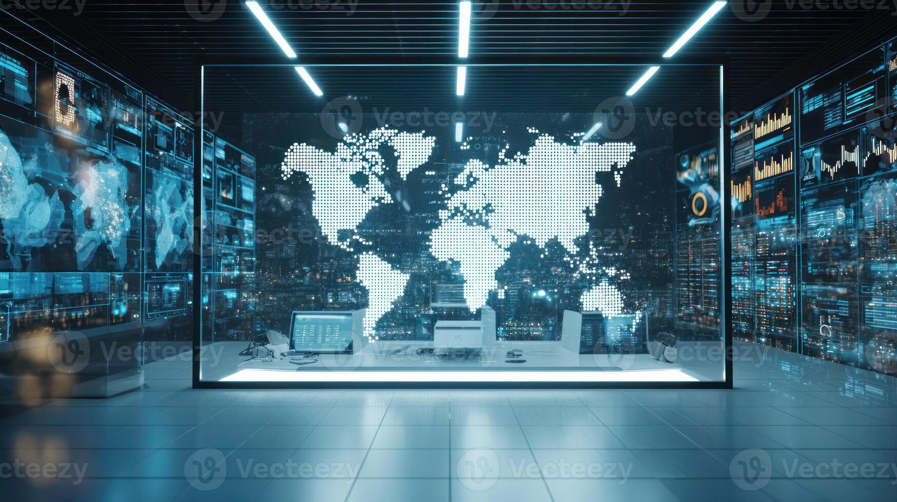 Data center with world map display representing global network connectivity photo