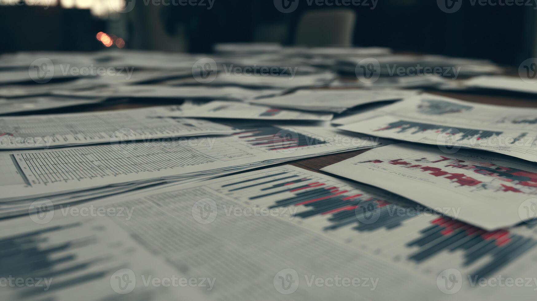 Close up of numerous printed documents with data charts and graphs on a table photo