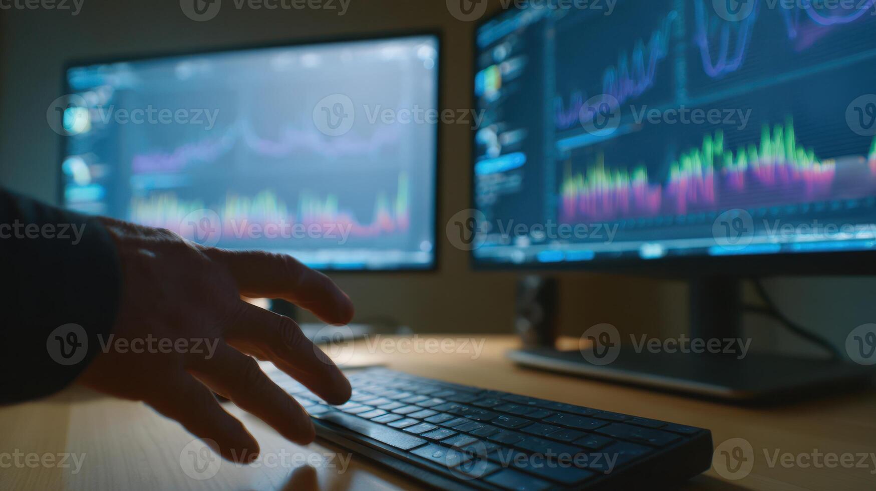 Close up of hand on keyboard with data analysis on computer screens photo