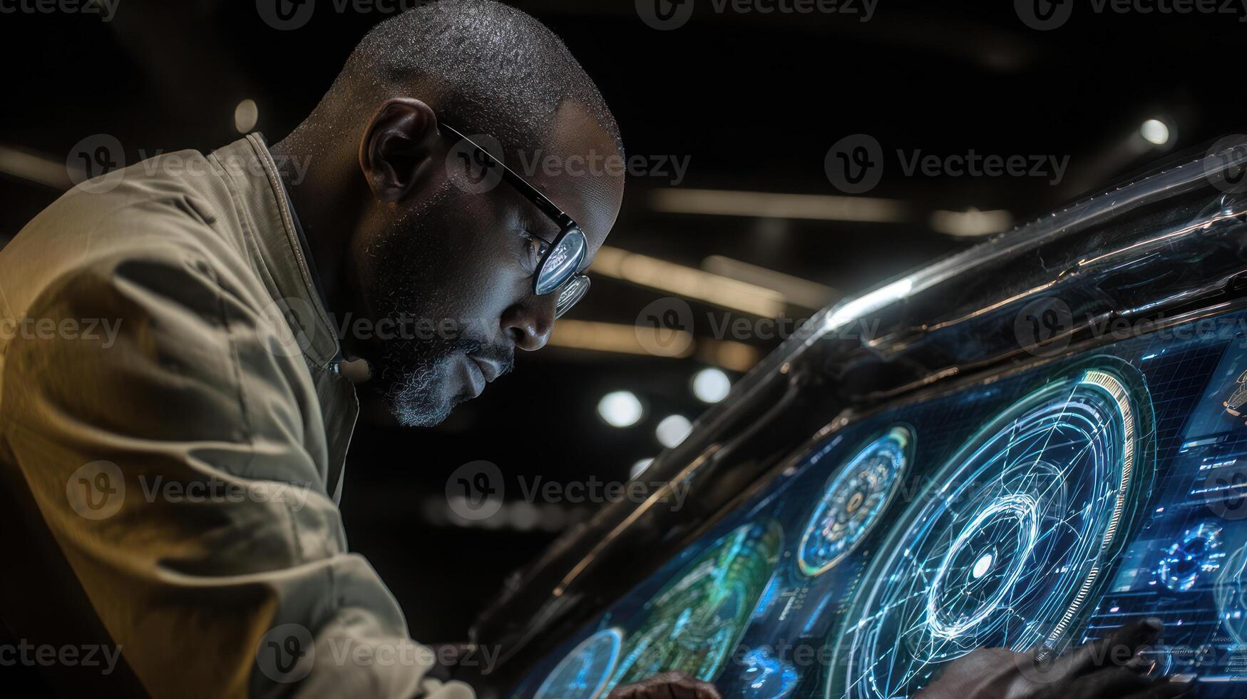 Man working on technology interface with advanced user design elements photo