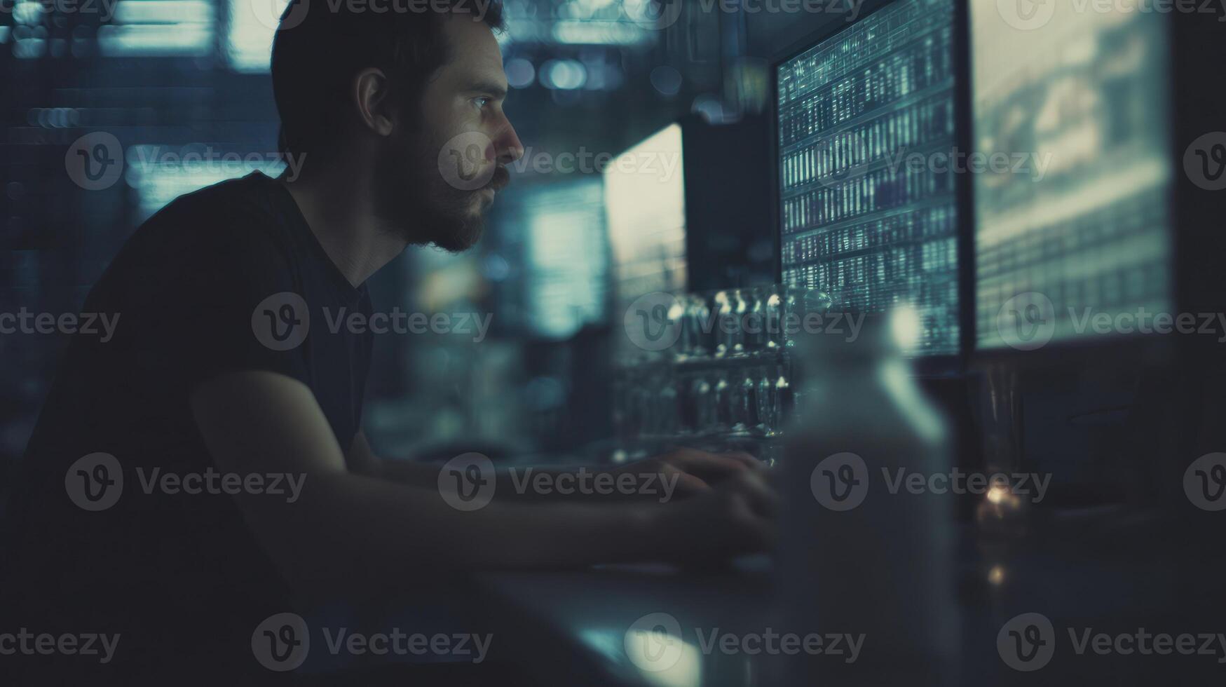 Man working at computer screen dark indoors data and information processing photo