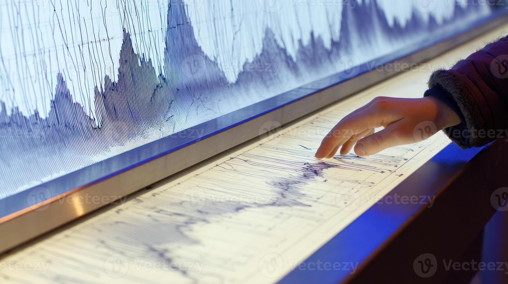 Person interacting with a graphical display showing lines and patterns photo