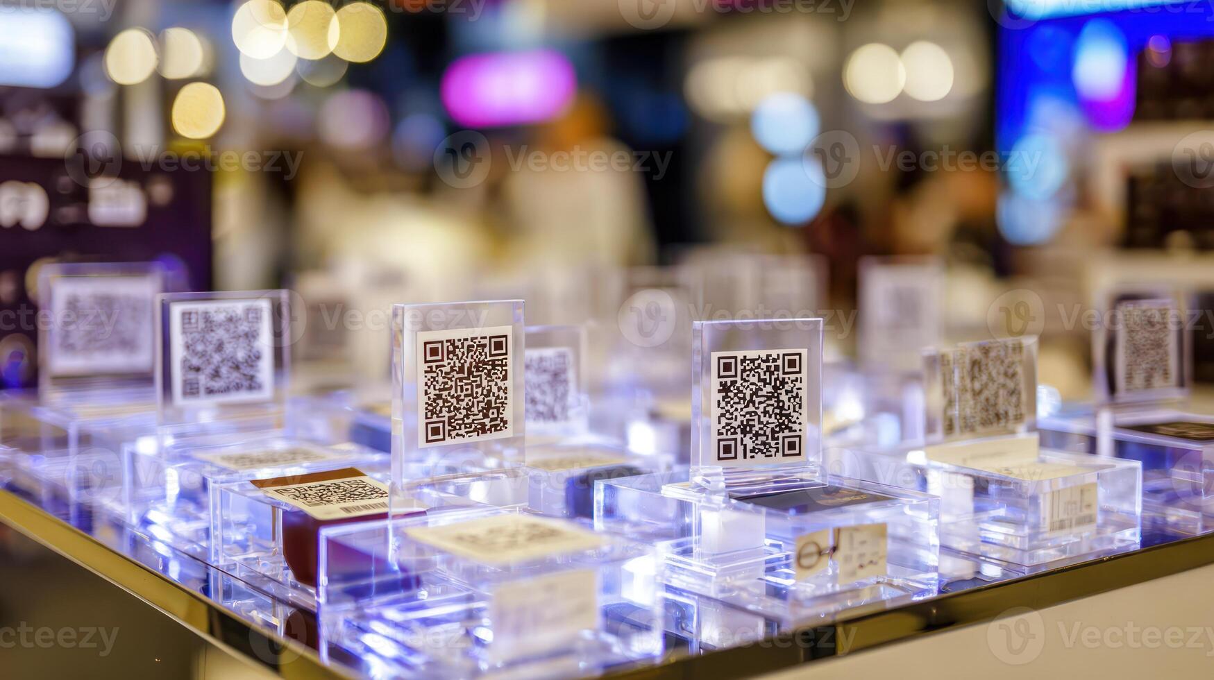 Qr codes displayed on illuminated blocks in a retail setting photo