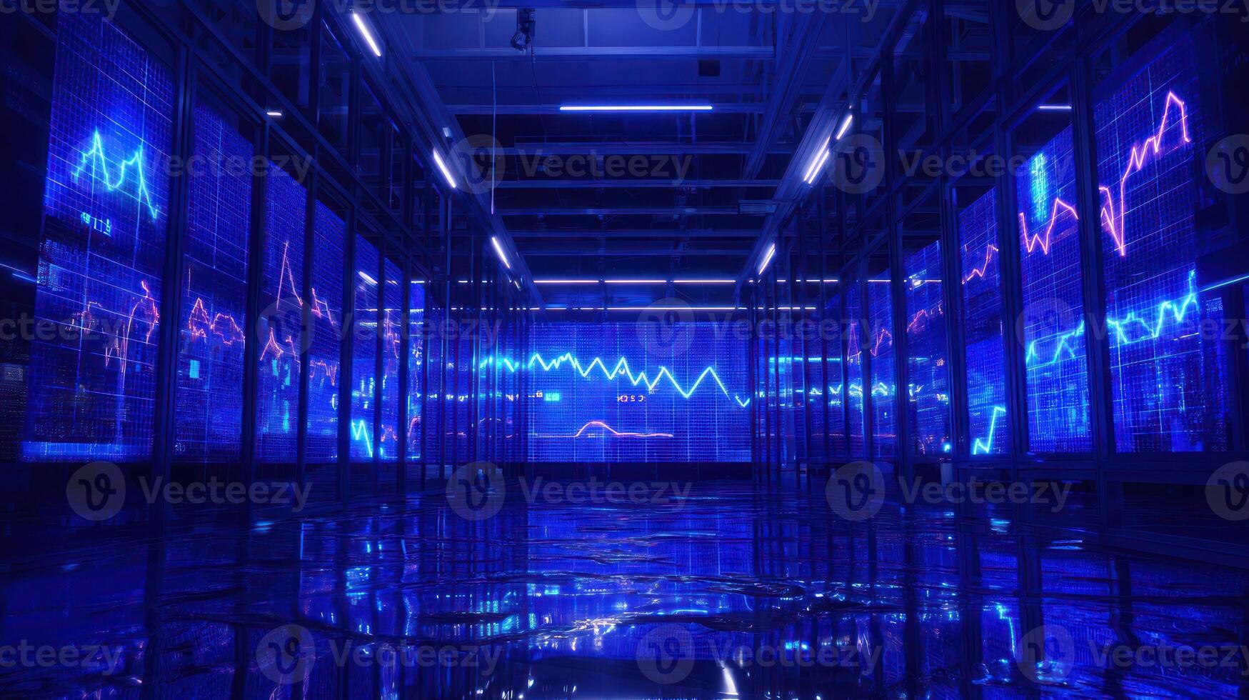 Data center servers with charts and graphs on display screens in a row photo