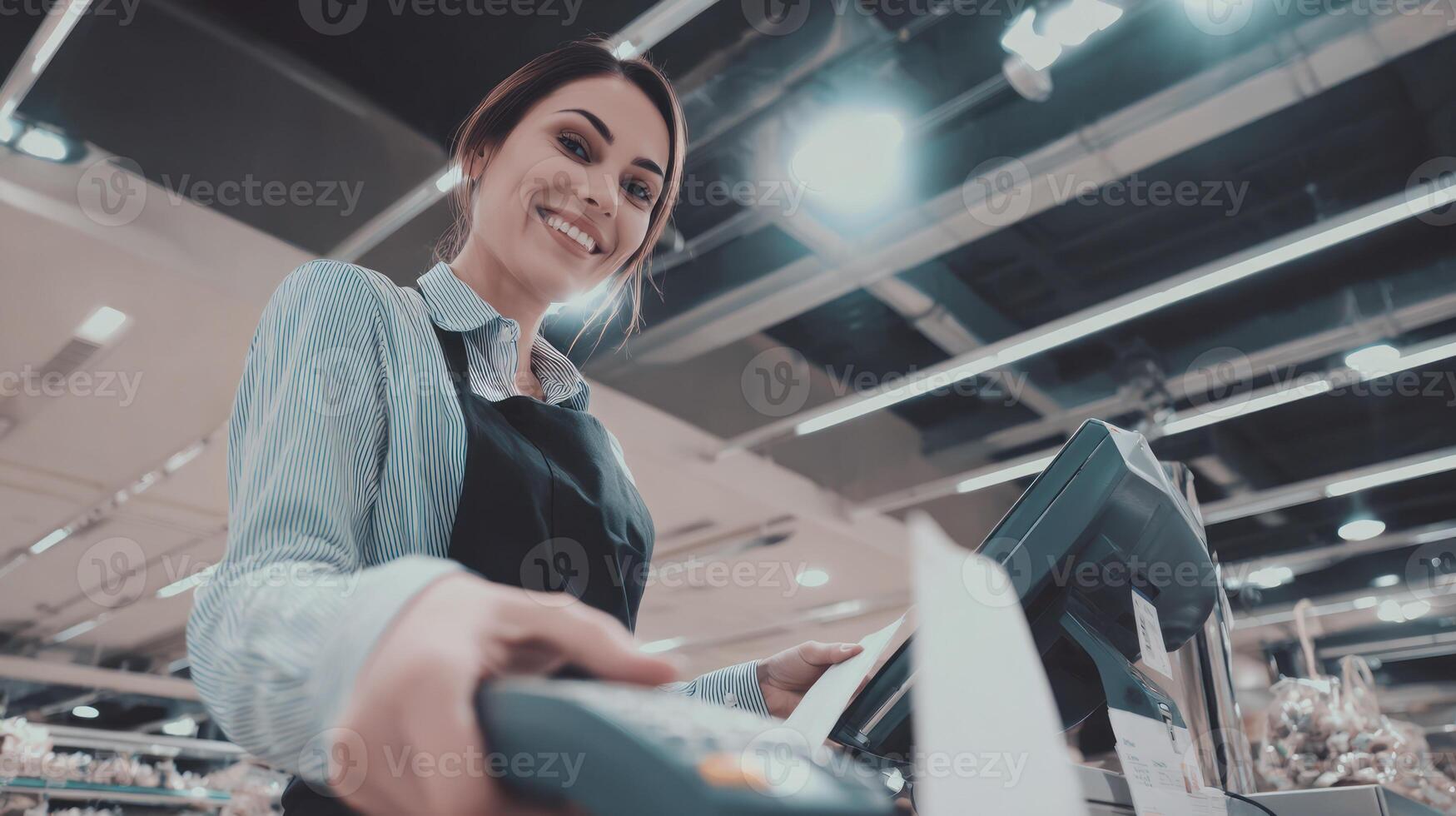 Smiling clerk assisting customer at checkout counter inside a retail store photo