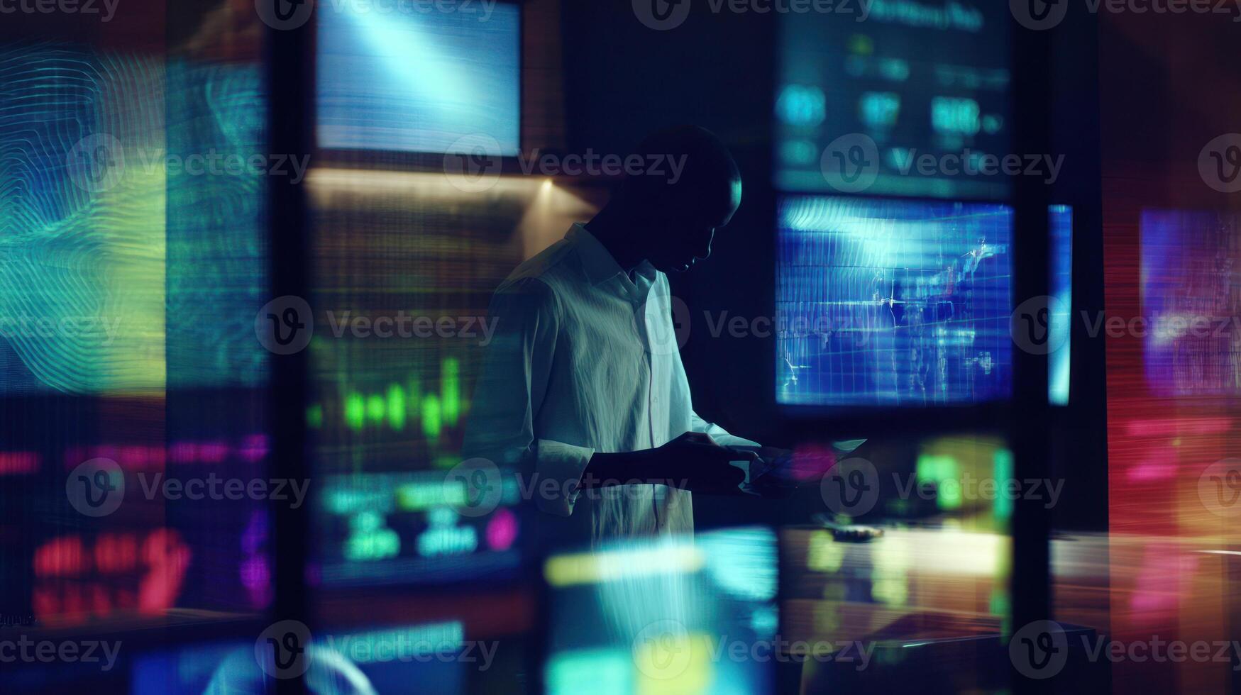 Man working in data center monitoring computer screens photo