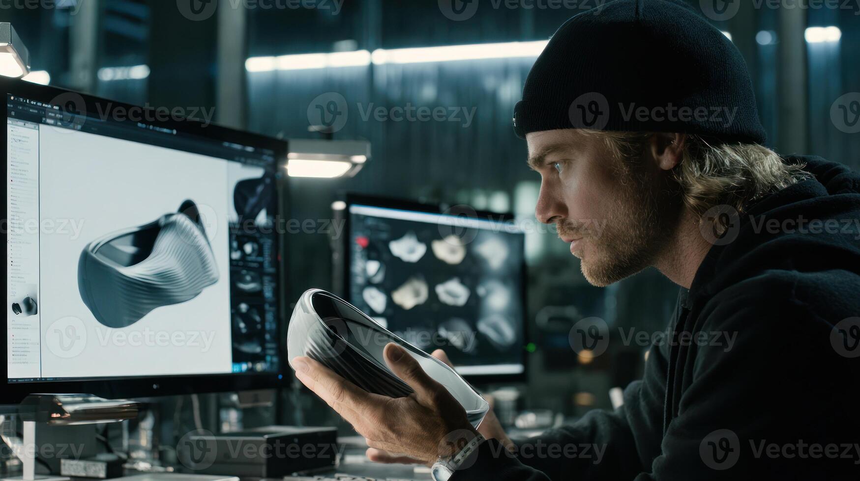 Man analyzing design on computer with prototype product for innovation photo