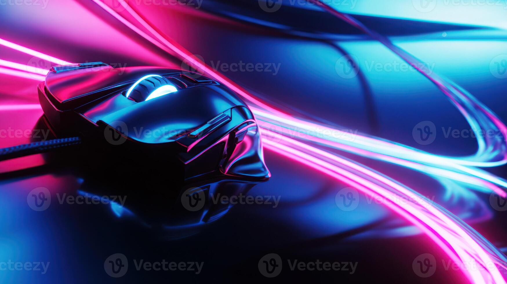 Abstract computer mouse with neon light trails and reflections photo