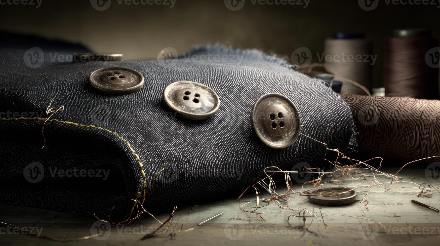 Close up of fabric with buttons and threads suggesting crafting or sewing photo