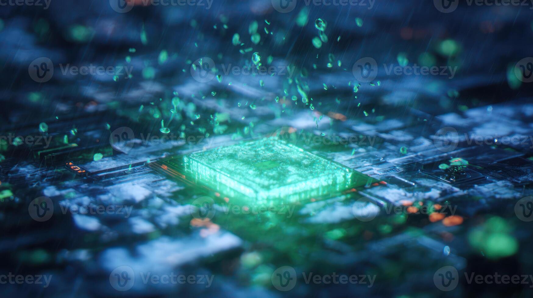 Abstract glowing processor chip with data particles technology background photo