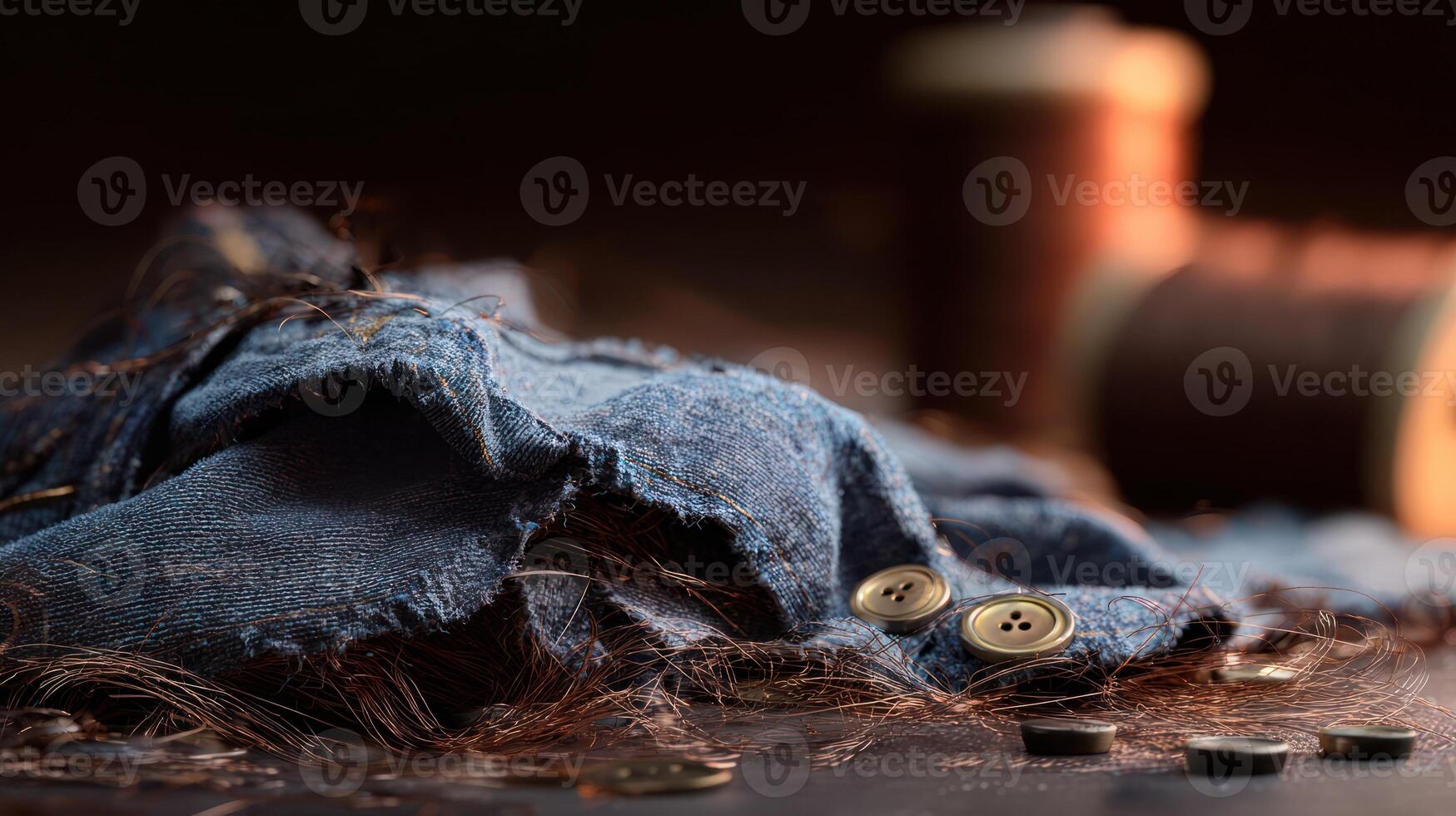 Close up of denim fabric with buttons and thread spools on dark background photo