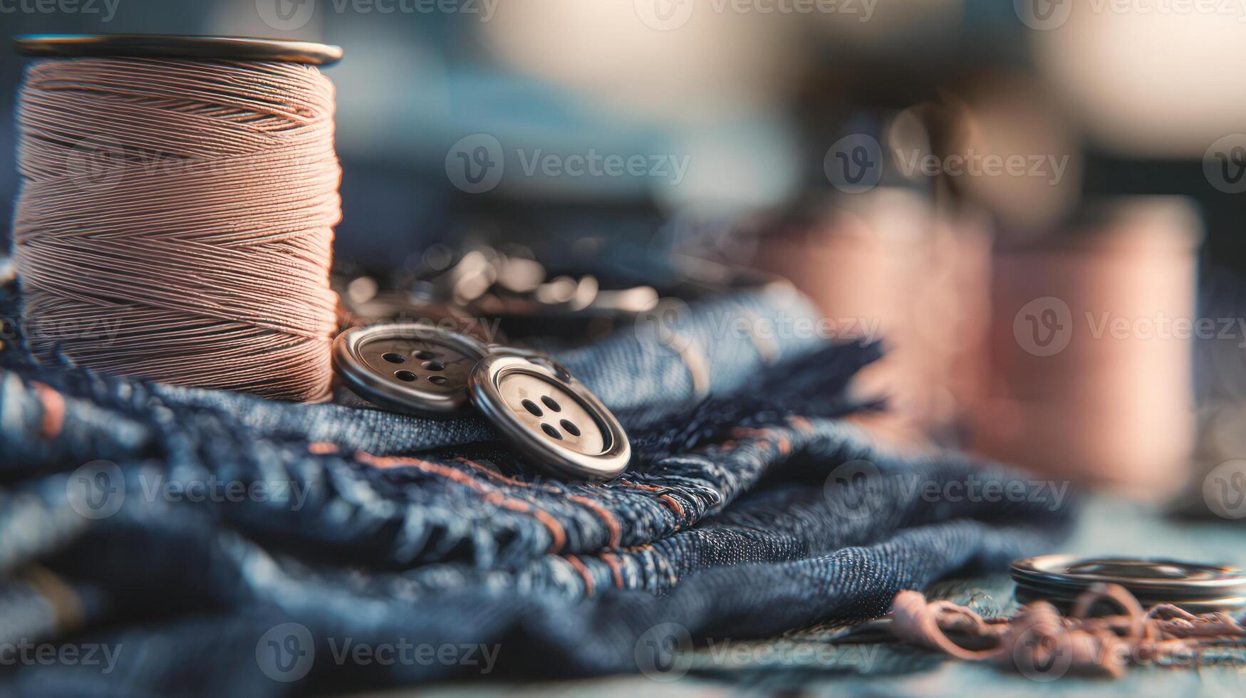Close up view of sewing tools thread spools and buttons on fabric photo