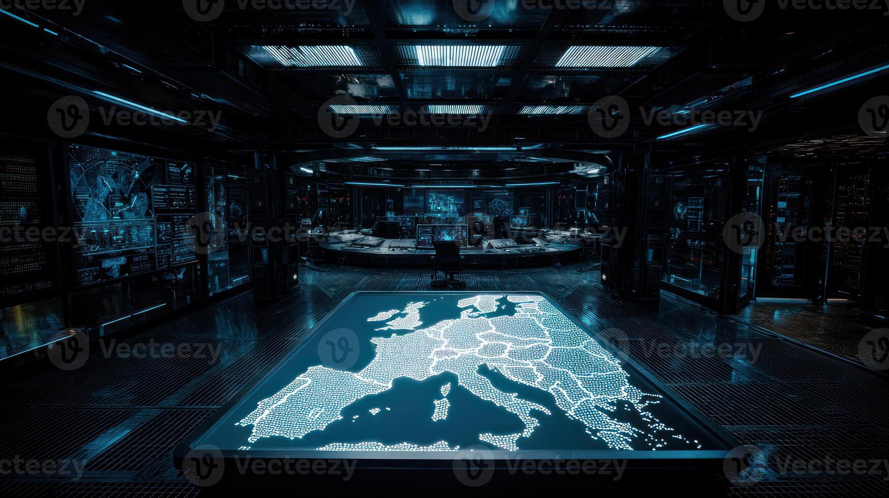 Modern command center interior with interactive map and data displays photo