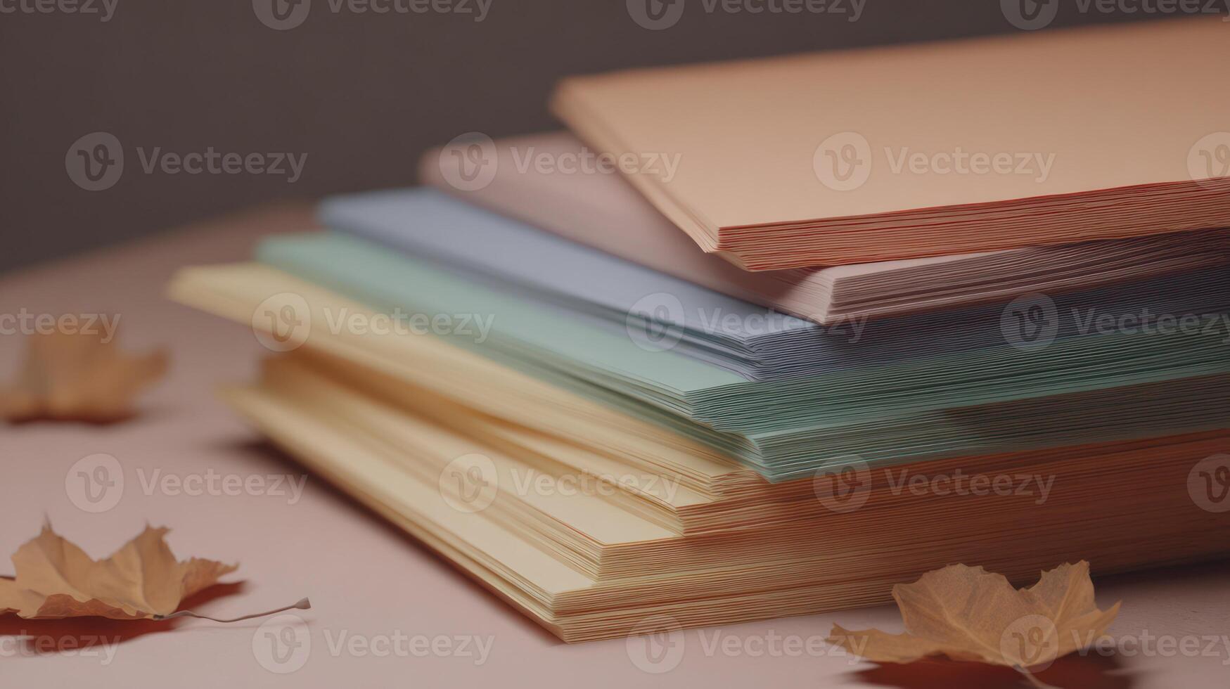 Stack of colored paper sheets with autumn leaves on a soft surface photo