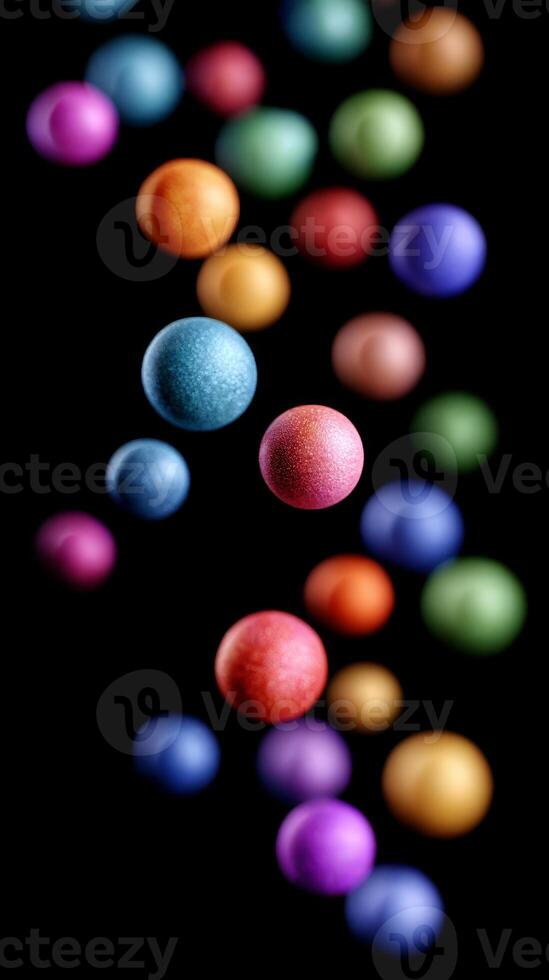 Brightly colored spheres float gracefully in a dark space, creating a whimsical and enchanting scene photo