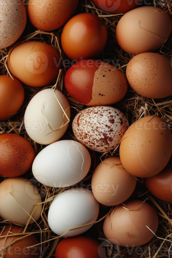Various fresh eggs in different sizes and colors lie scattered in straw, showcasing the beauty of farm produce in a rustic setting photo