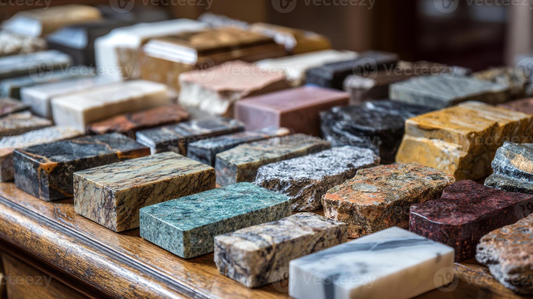 A collection of diverse stone samples displayed on a wooden surface, highlighting their unique colors and patterns photo