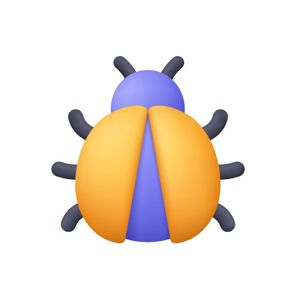 Purple bug with orange wings. Software bug, error, virus and cybersecurity concept. 3d icon. Cartoon minimal style. vector
